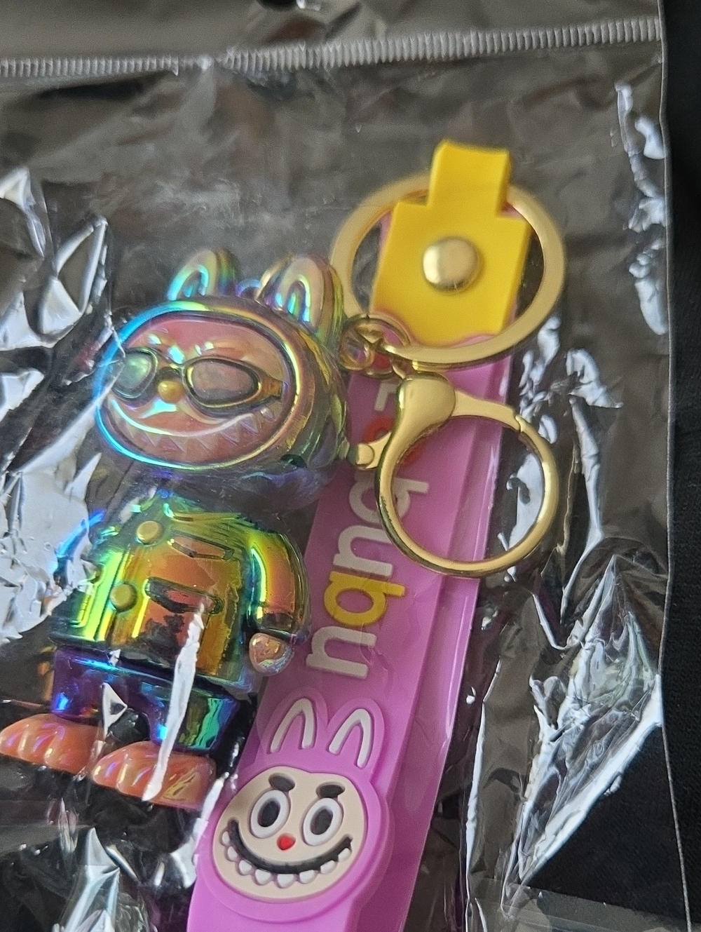 Kids Rainbow Holographic Bunny Keychain with Pink Strap, LABUBU